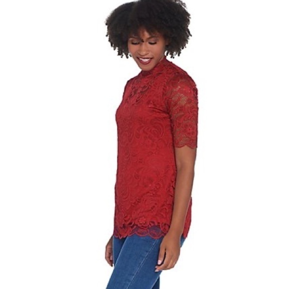 Isaac Mizrahi Live Red Mock Neck Lace Top Small - Picture 1 of 9